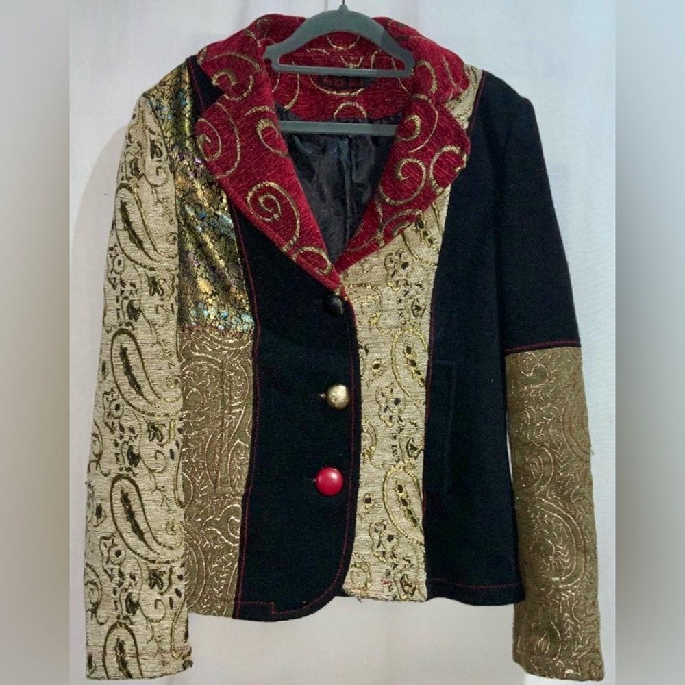 Lulu H Paris wool blend brocade Blazer Sz L mixed media embroidered